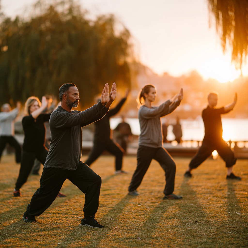 Diverse group of people practicing tai chi movements in peaceful park setting during golden hour