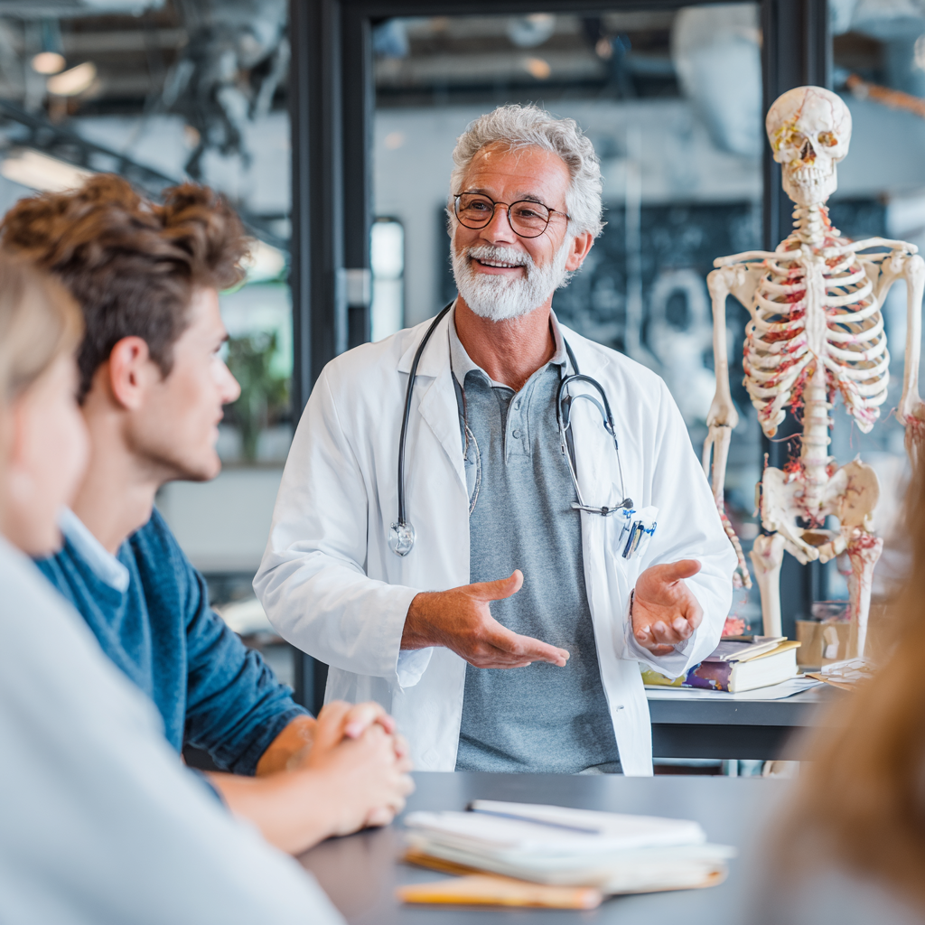 Healthcare professional explaining human anatomy model to attentive students in bright medical education classroom