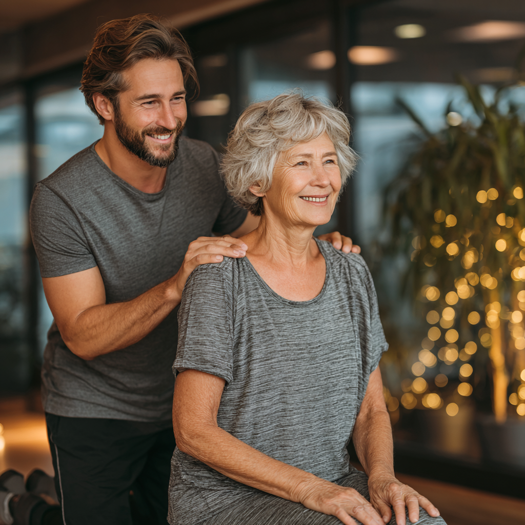 Professional physiotherapist helping elderly woman with gentle stretching exercises in modern wellness center